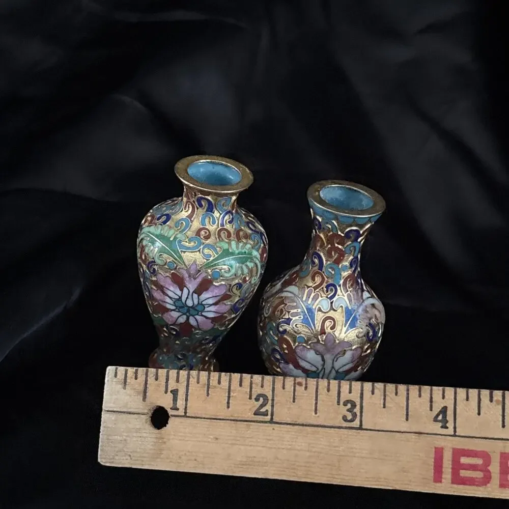2 Vintage Cloisonné Vase Set Mini Vases Vibrant Blue Pink Gold Floral Design 3”